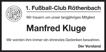 Traueranzeige von Manfred Kluge von Pegnitz-Zeitung